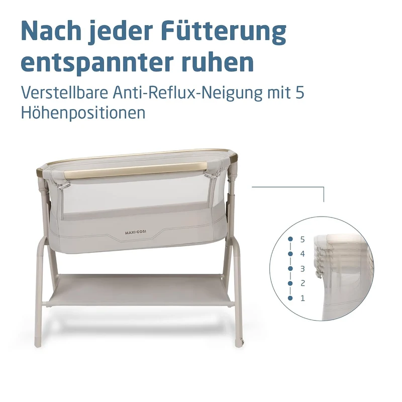 Maxi Cosi Iora² Baby Stubenbett, 0–6 kg (9 kg), Klappbares und Leichtes Beistellbett Baby, 5 cm CloudCore-Matratze, 5 Höhenstufen, 2 Leichtgängige Rollen, Easy Slide, Elegance Beige