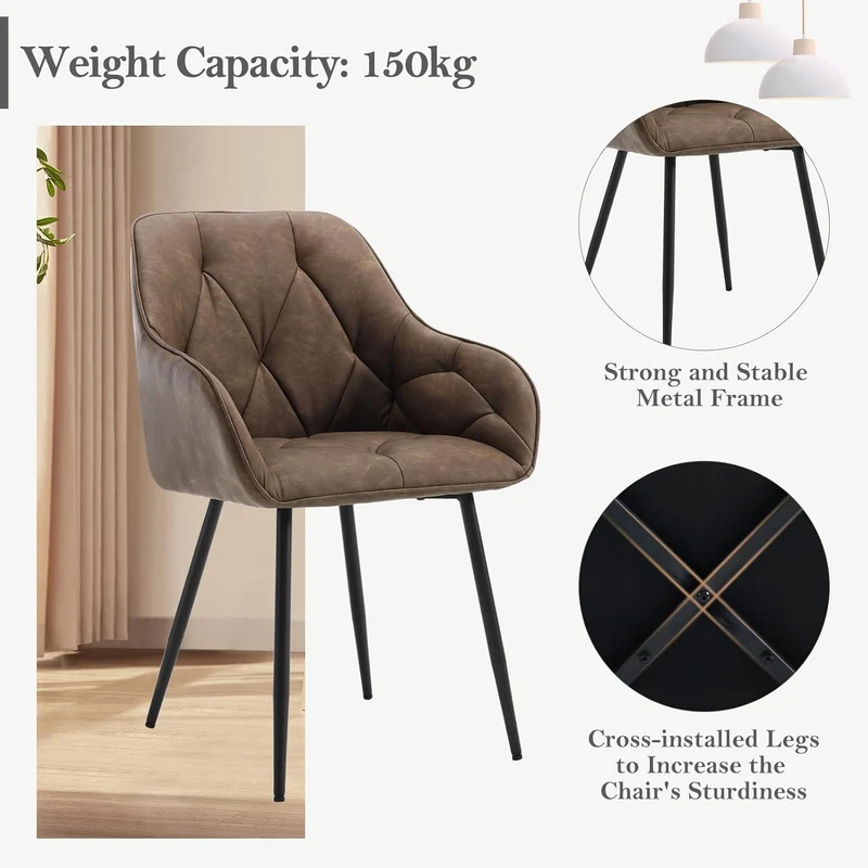 WOLTU Esszimmerstühle 4er Set, für Esszimmer Wohnzimmer, ergonomische Küchenstühle gepolstert mit Armlehnen, Metallbeinen, Sitzfläche aus Vintage-Kunstleder,Dunkelbraun