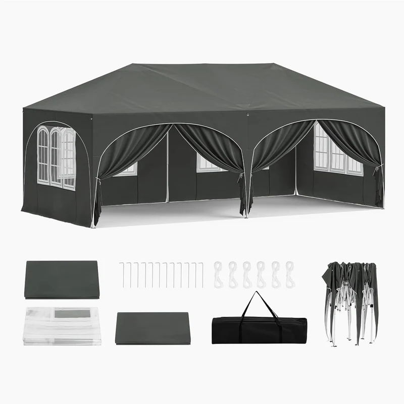 WOLTU Faltpavillon 3x6m Pop up mit 6 Seitenwänden Pavillon Partyzelt Grau