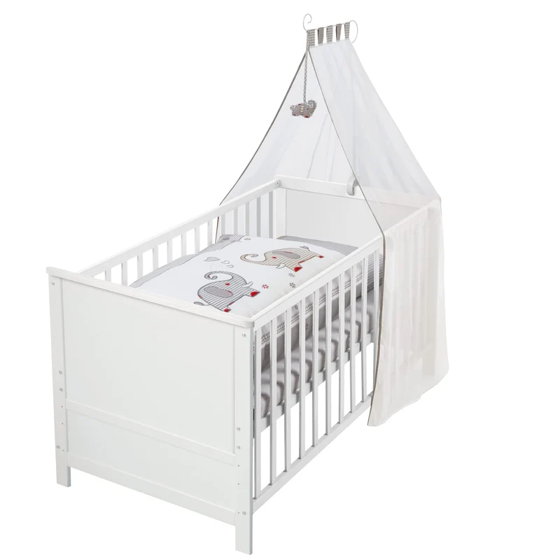 roba Babybett Set 70x140 cm mit Matratze, Bettwäsche & Himmel – Umbaubares Kinderbett zum Juniorbett, höhenverstellbar