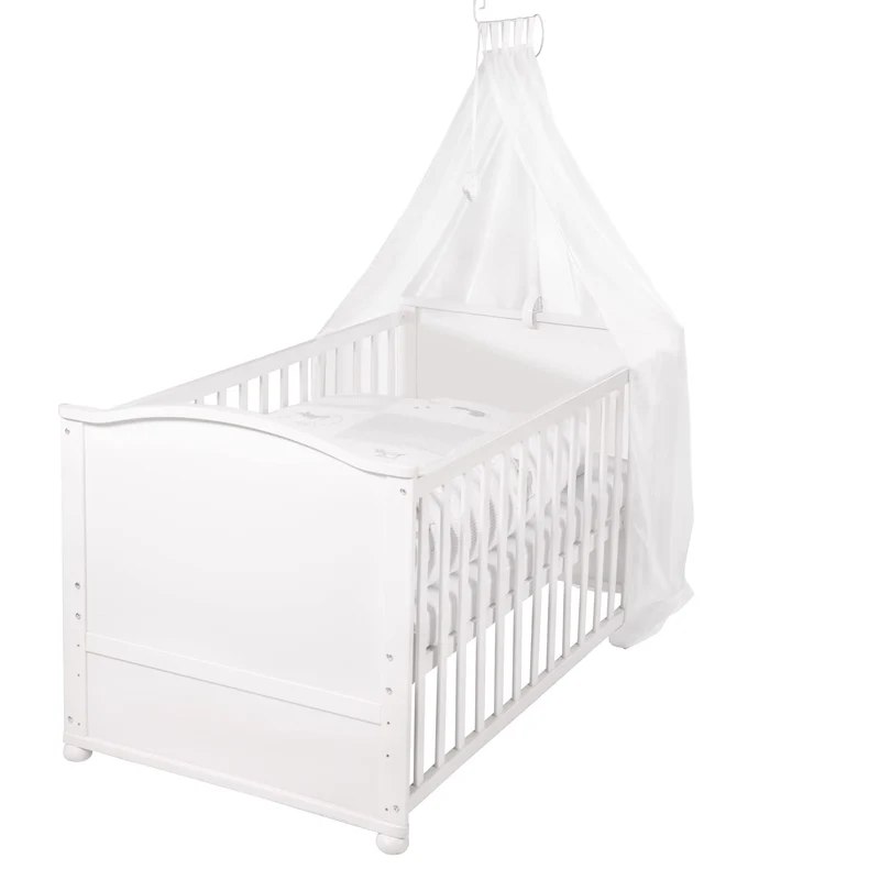 roba Babybett Set 70x140 cm mit Matratze, Bettwäsche & Himmel – Umbaubares Kinderbett zum Juniorbett, höhenverstellbar