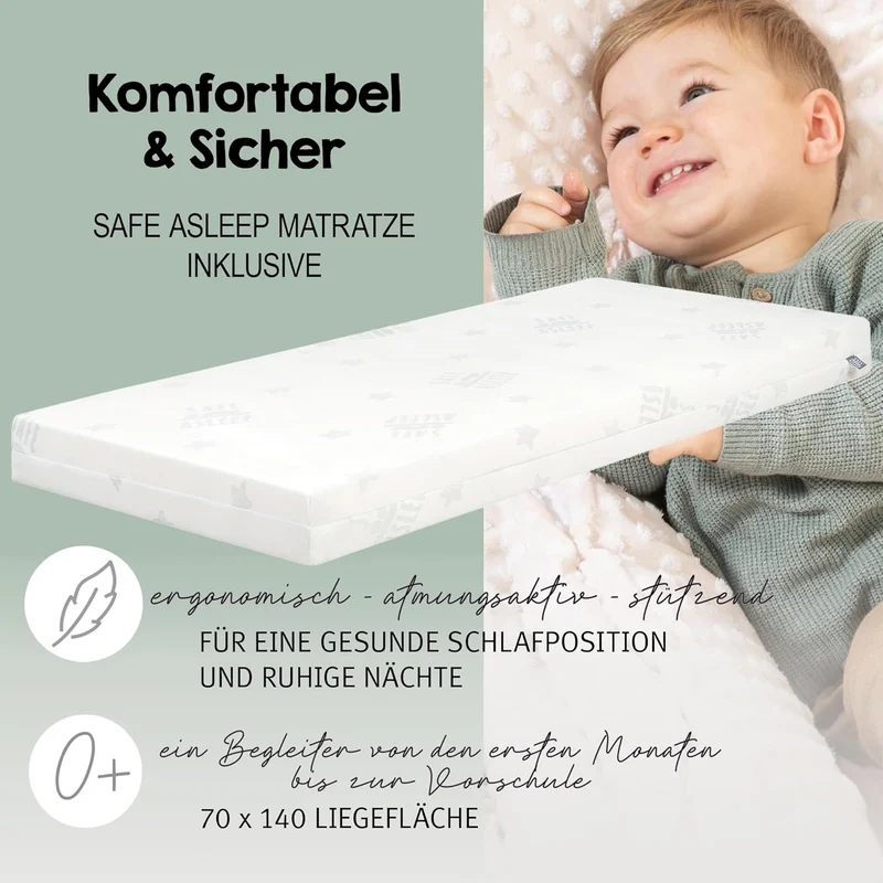 roba Babybett Set 70x140 cm mit Matratze, Bettwäsche & Himmel – Umbaubares Kinderbett zum Juniorbett, höhenverstellbar