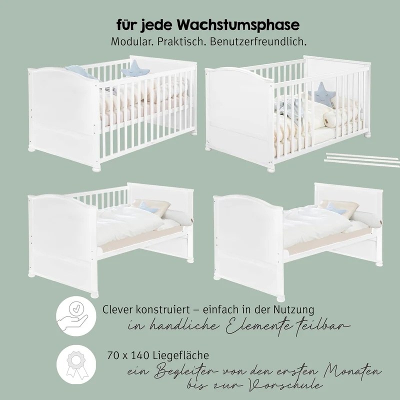 roba Babybett Set 70x140 cm mit Matratze, Bettwäsche & Himmel – Umbaubares Kinderbett zum Juniorbett, höhenverstellbar