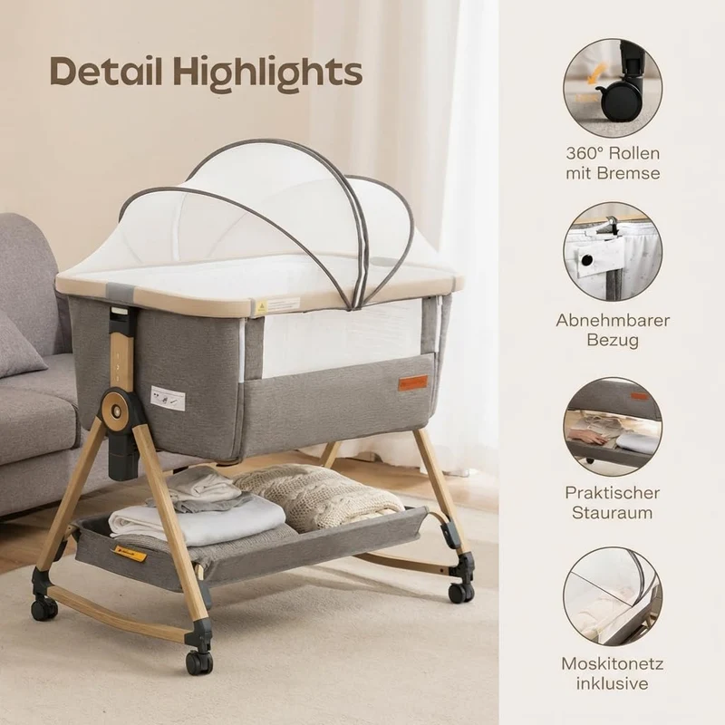 Maydolly 3-in-1 Beistellbett Baby Grau mit Matratze, höhenverstellbares Babybett mit Rollen & Moskitonetz