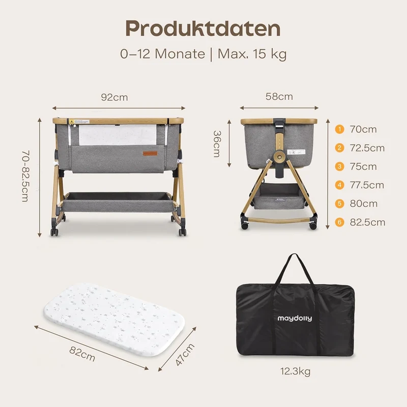 Maydolly 3-in-1 Beistellbett Baby Grau mit Matratze, höhenverstellbares Babybett mit Rollen & Moskitonetz