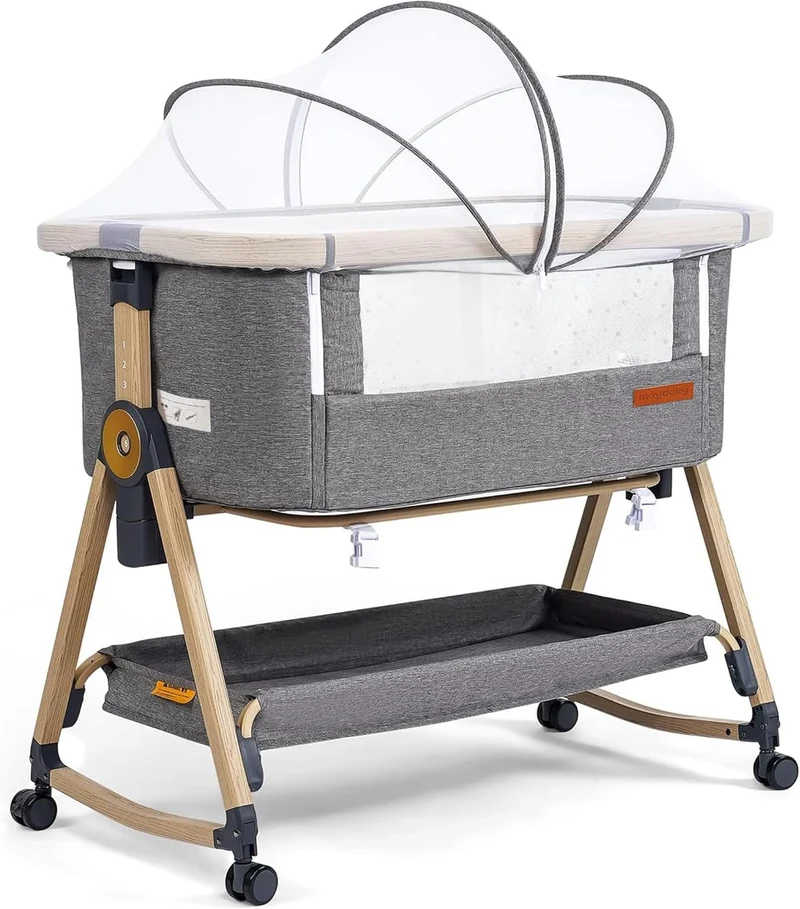 Maydolly 3-in-1 Beistellbett Baby Grau mit Matratze, höhenverstellbares Babybett mit Rollen & Moskitonetz