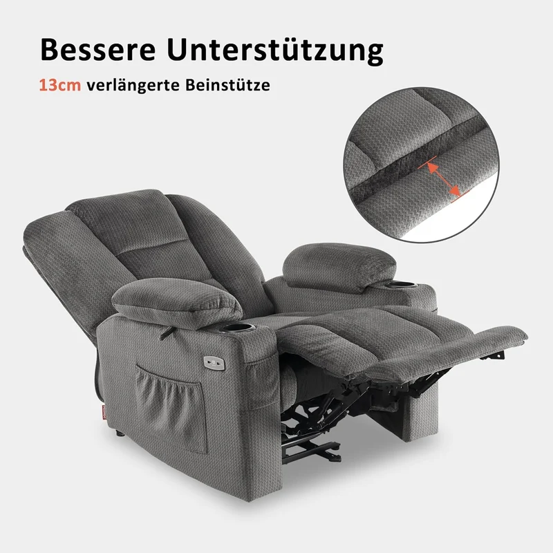 M MCombo Elektrischer Fernsehsessel Relaxsessel mit Liegefunktion, Massage & Wärme, USB-Anschluss, verstellbarer TV Sessel für Wohnzimmer
