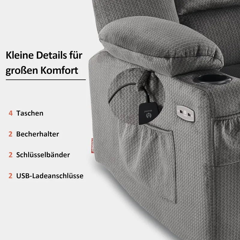 M MCombo Elektrischer Fernsehsessel Relaxsessel mit Liegefunktion, Massage & Wärme, USB-Anschluss, verstellbarer TV Sessel für Wohnzimmer