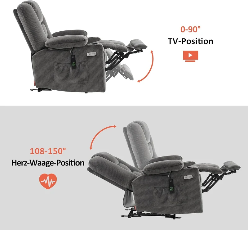 M MCombo Elektrischer Fernsehsessel Relaxsessel mit Liegefunktion, Massage & Wärme, USB-Anschluss, verstellbarer TV Sessel für Wohnzimmer