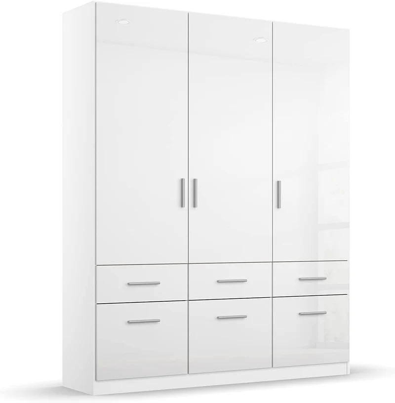 Rauch Möbel Celle Kleiderschrank Weiß Hochglanz, 3-türiger Drehtürenschrank mit 6 Schubladen, Kleiderschrank für Schlafzimmer