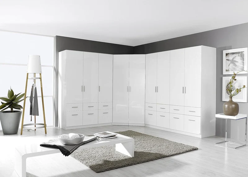 Rauch Möbel Celle Kleiderschrank Weiß Hochglanz, 3-türiger Drehtürenschrank mit 6 Schubladen, Kleiderschrank für Schlafzimmer