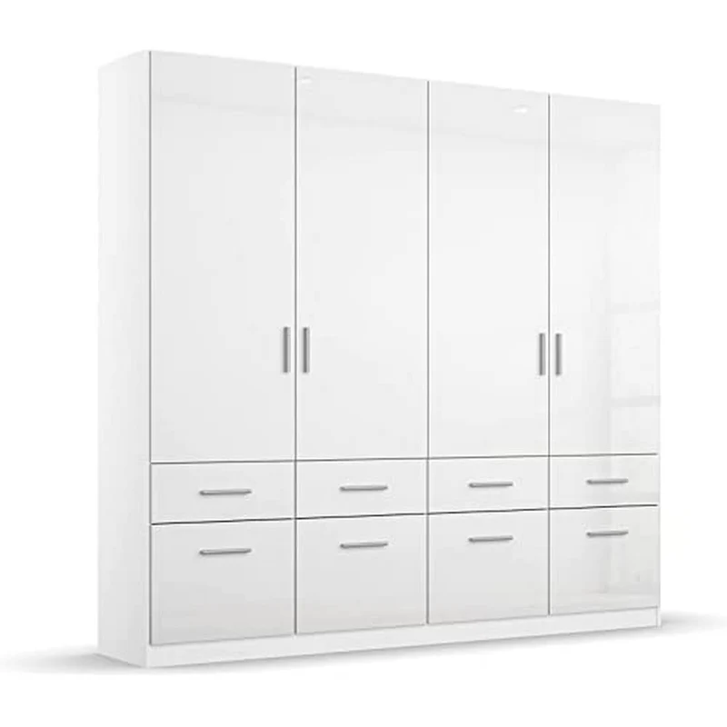 Rauch Möbel Celle Kleiderschrank Weiß Hochglanz, 3-türiger Drehtürenschrank mit 6 Schubladen, Kleiderschrank für Schlafzimmer