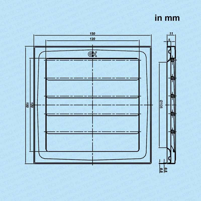 Chrom Lüftungsgitter 150x150 ohne Flansch mit beweglichen Lamellen