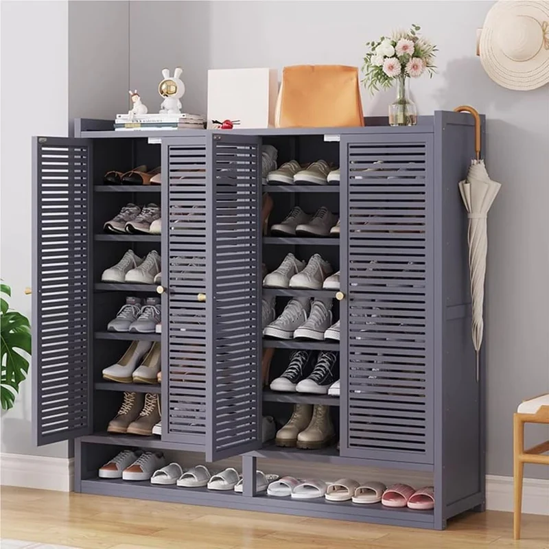 Schuhschrank aus Bambus mit Korbgeflecht-Türen, Schuhregal mit Stauraum, Mehrfach-Schuhschrank für Flur und Eingangsbereich