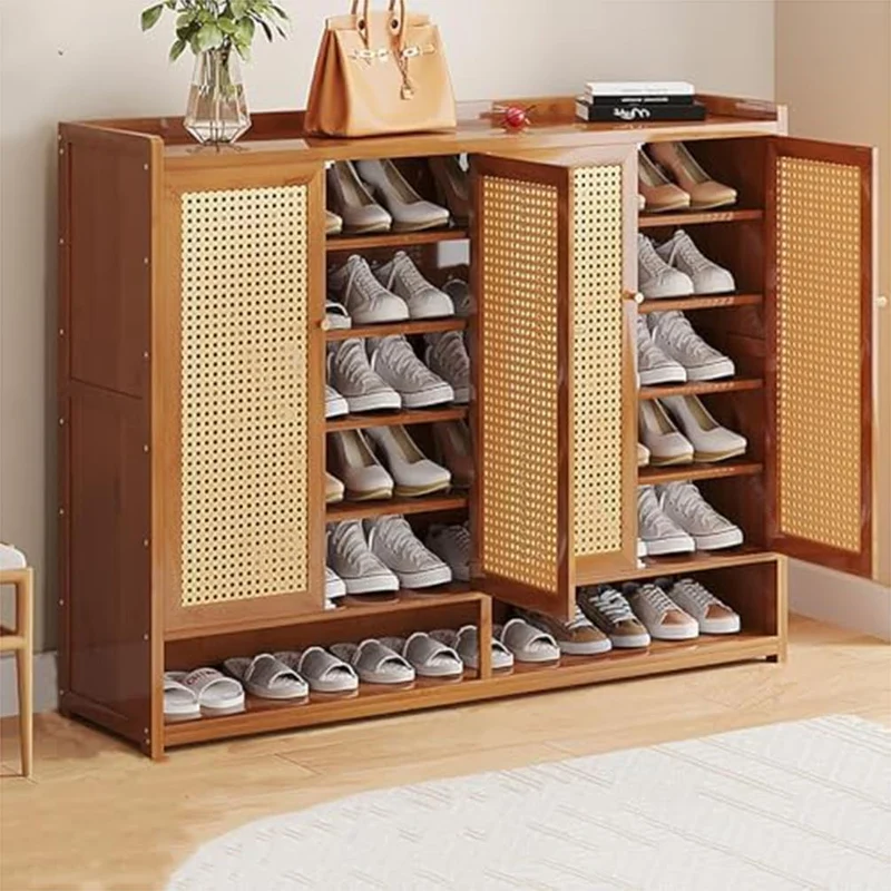 Schuhschrank aus Bambus mit Korbgeflecht-Türen, Schuhregal mit Stauraum, Mehrfach-Schuhschrank für Flur und Eingangsbereich