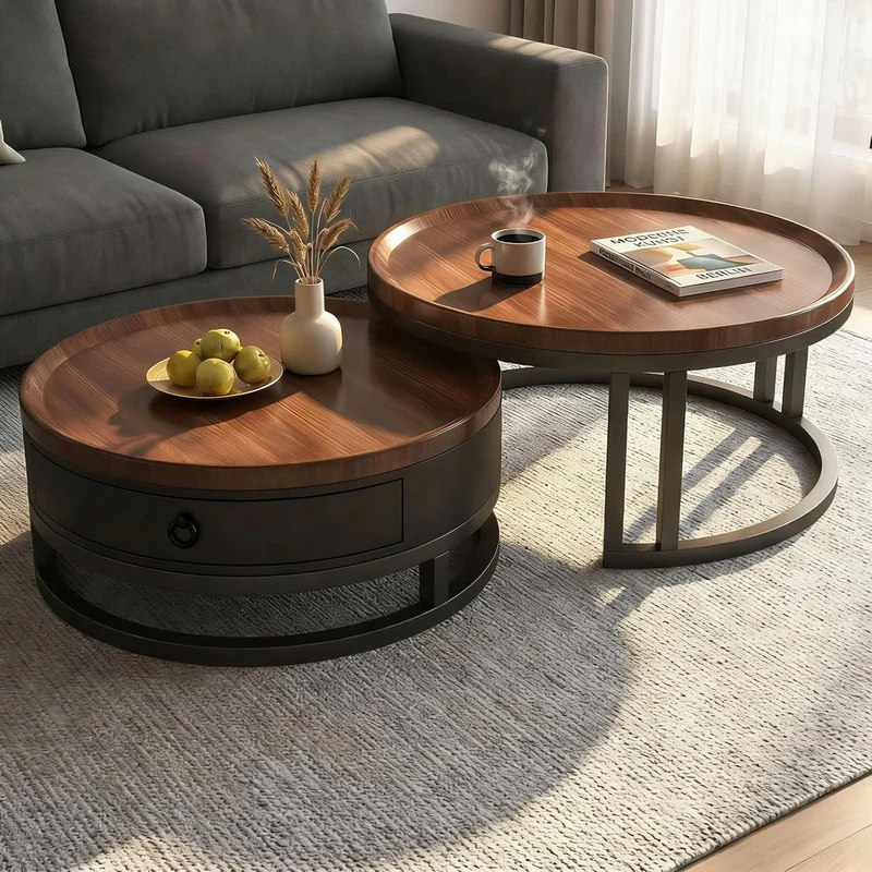 Couchtisch 2er Set rund mit Schublade, Satztische in Walnussoptik, Wohnzimmertisch mit Metallrahmen und Stauraum