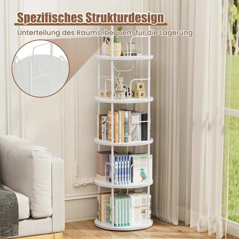 360° drehbares Bücherregal mit 5 Ebenen, Standregal aus MDF & Metall, rundes Regal für bis zu 100 Bücher