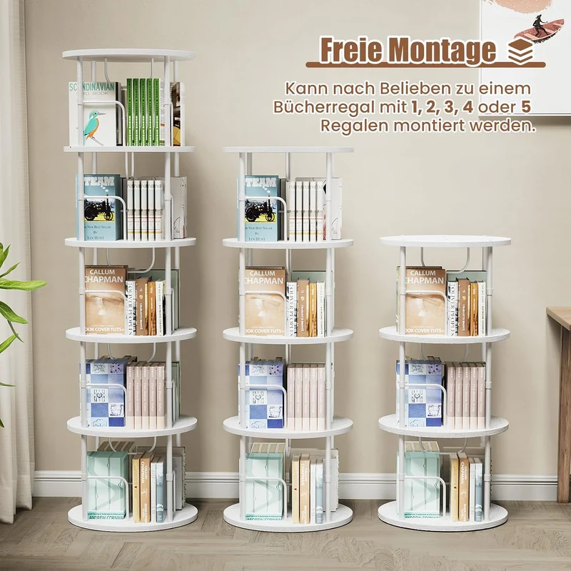 360° drehbares Bücherregal mit 5 Ebenen, Standregal aus MDF & Metall, rundes Regal für bis zu 100 Bücher