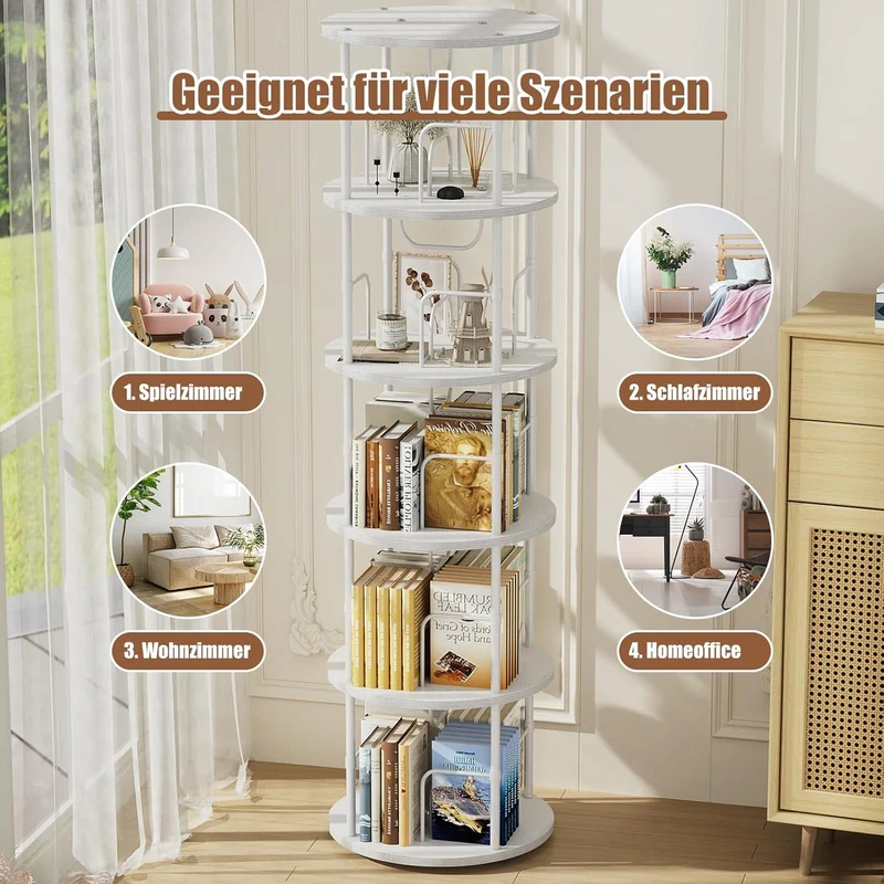 360° drehbares Bücherregal mit 5 Ebenen, Standregal aus MDF & Metall, rundes Regal für bis zu 100 Bücher