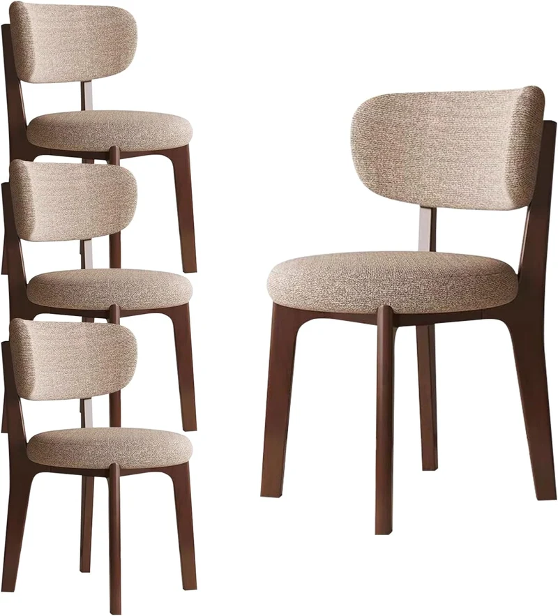 Esszimmerstühle 4er Set mit Polsterung, Holzbeine in Walnuss, Khaki, Küchenstühle mit geschwungener Rückenlehne