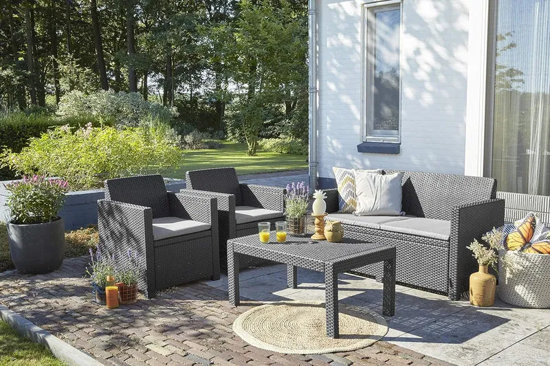 Keter Merano Gartenmöbel Set 4-teilig Grau mit Sitzkissen – Gartenlounge mit Sofa, 2 Sesseln & Tisch für Garten und Terrasse