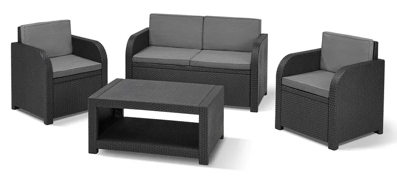 Keter Merano Gartenmöbel Set 4-teilig Grau mit Sitzkissen – Gartenlounge mit Sofa, 2 Sesseln & Tisch für Garten und Terrasse
