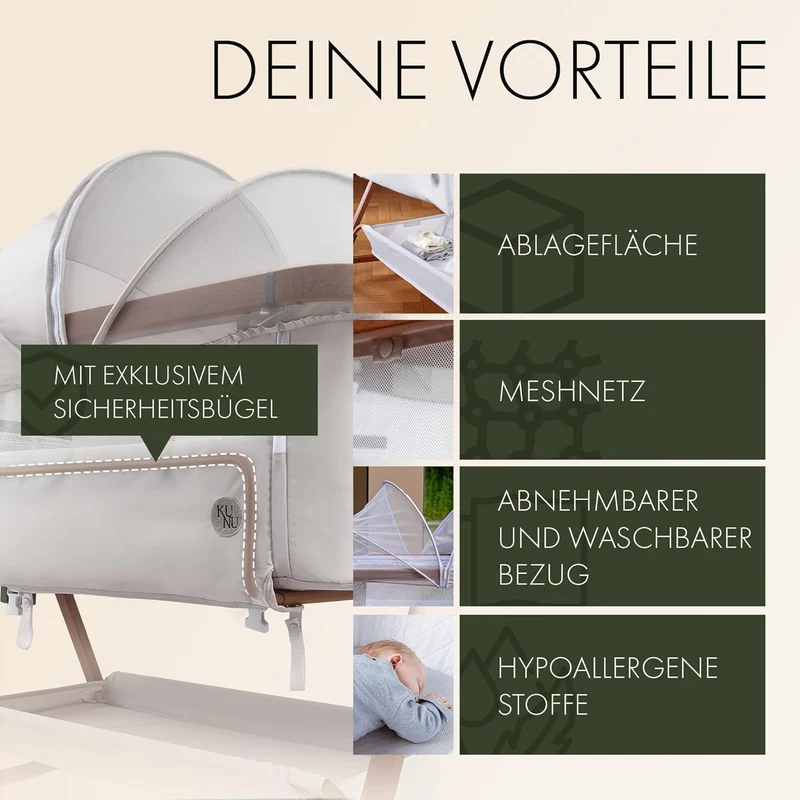 KUNU Baby Beistellbett 3in1 Beige – Höhenverstellbares Babybett mit Rollen, Matratze, Wiegefunktion & Moskitonetz