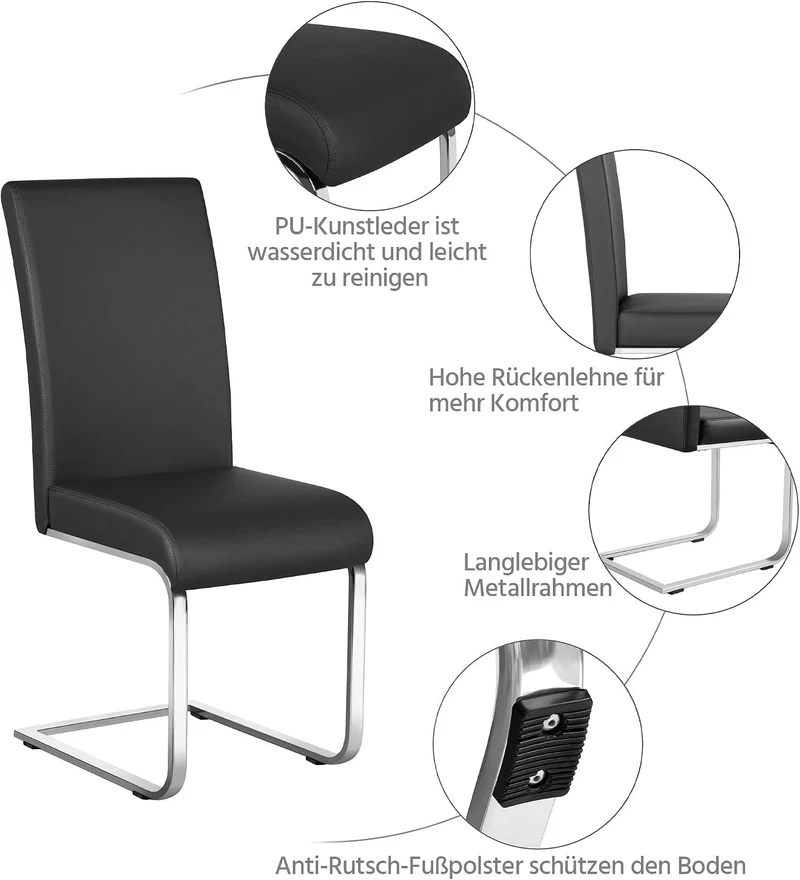 Yaheetech Esszimmerstühle 2er Set Freischwinger Kunstleder Schwarz – Hohe Rückenlehne, gepolstert