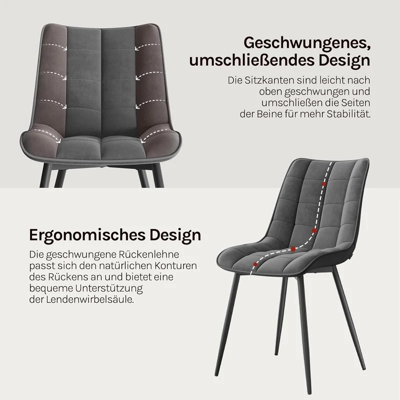 WOLTU Esszimmerstühle 4er Set Dunkelgrau – Gepolsterte Samt Küchenstühle mit Rückenlehne & Metallbeinen
