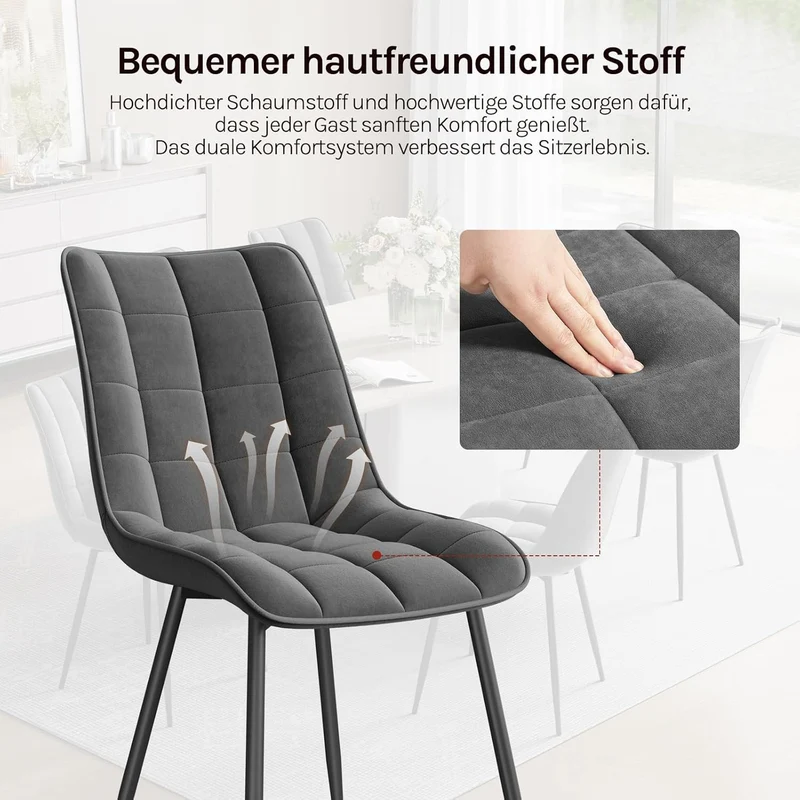 WOLTU Esszimmerstühle 4er Set Dunkelgrau – Gepolsterte Samt Küchenstühle mit Rückenlehne & Metallbeinen