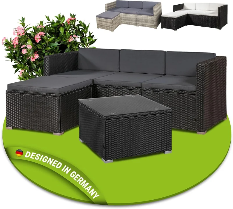 Juskys Polyrattan Lounge Set Punta Cana für 3–4 Personen – Gartenmöbel Set mit Sofa, Hocker, Tisch & Kissen
