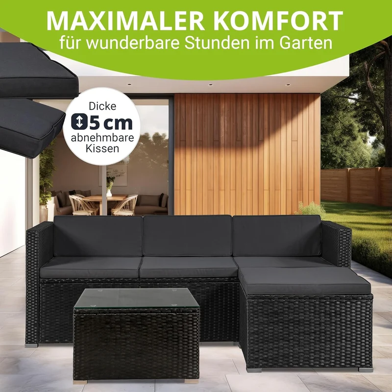 Juskys Polyrattan Lounge Set Punta Cana für 3–4 Personen – Gartenmöbel Set mit Sofa, Hocker, Tisch & Kissen