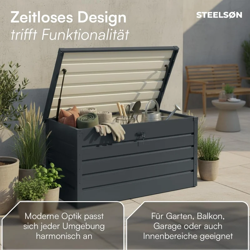 STEELSØN Dorado Gartenbox Metall Anthrazit – Wasserdichte Auflagenbox abschließbar mit Deckel & Gasdruckfeder