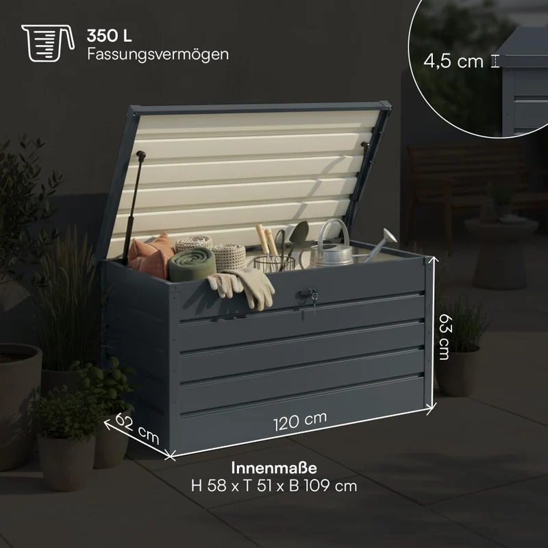 STEELSØN Dorado Gartenbox Metall Anthrazit – Wasserdichte Auflagenbox abschließbar mit Deckel & Gasdruckfeder