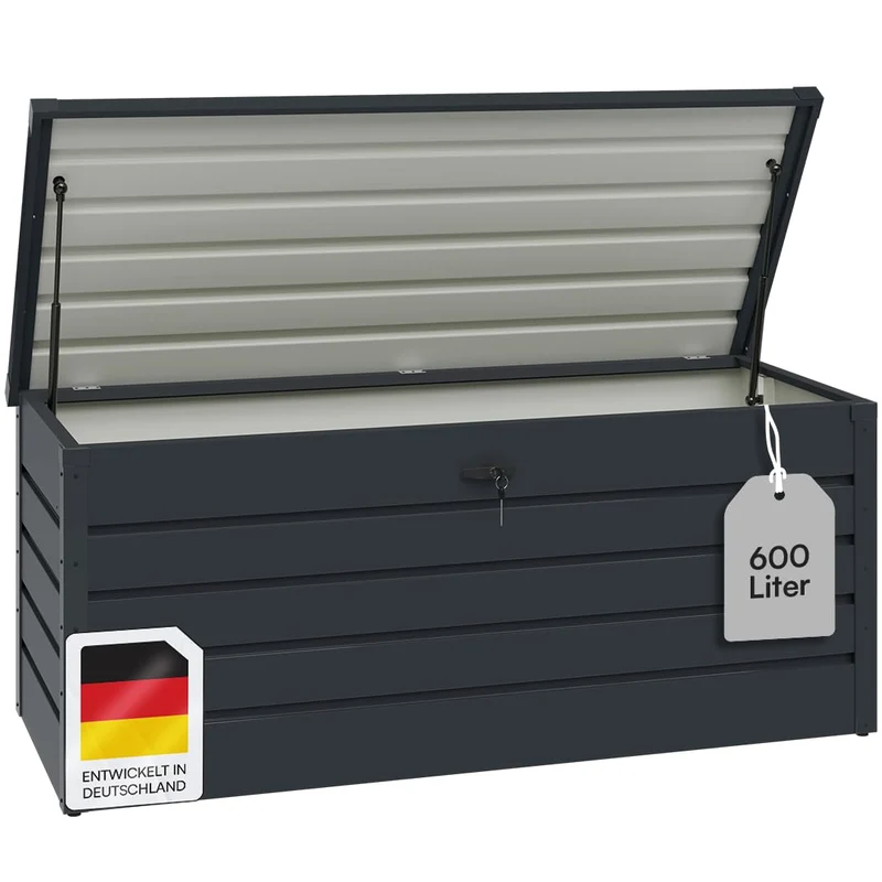 STEELSØN Dorado Gartenbox Metall Anthrazit – Wasserdichte Auflagenbox abschließbar mit Deckel & Gasdruckfeder