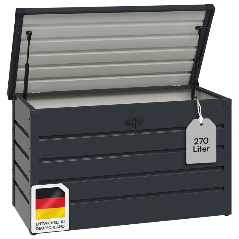 STEELSØN Dorado Gartenbox Metall Anthrazit – Wasserdichte Auflagenbox abschließbar mit Deckel & Gasdruckfeder