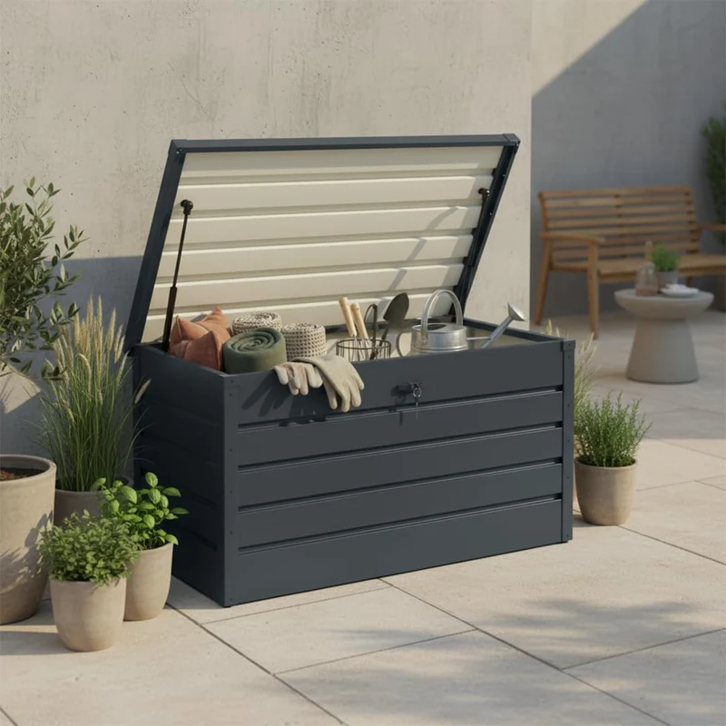 STEELSØN Dorado Gartenbox Metall Anthrazit – Wasserdichte Auflagenbox abschließbar mit Deckel & Gasdruckfeder