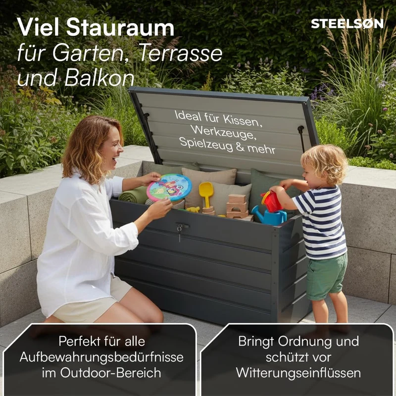 STEELSØN Dorado Gartenbox Metall Anthrazit – Wasserdichte Auflagenbox abschließbar mit Deckel & Gasdruckfeder