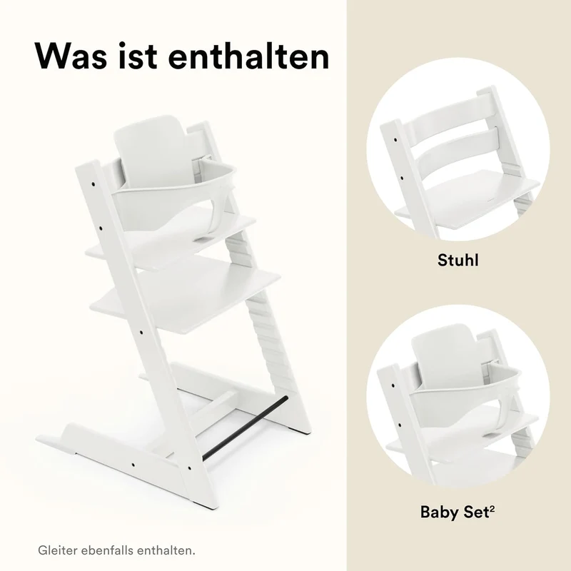 Stokke Tripp Trapp Hochstuhl Weiß mit Baby Set2, mitwachsender Kinderhochstuhl aus Buchenholz, verstellbar