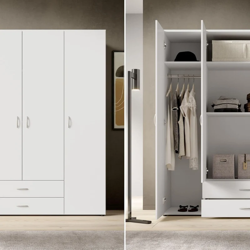 Stella Trading BASE Kleiderschrank Weiß, Drehtürenschrank mit Kleiderstange & verstellbaren Einlegeböden, mehrere Größen