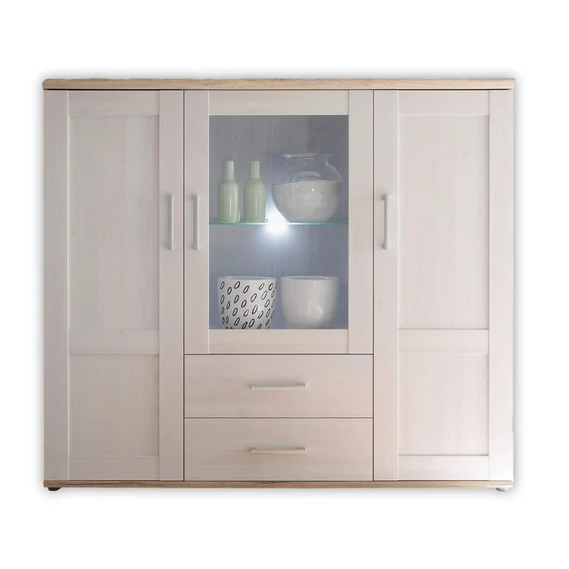 Stella Trading ROMANCE Wohnwand Wohnzimmer Set mit LED-Vitrine, Stauraum, Sibiu Lärche & Eiche San Remo