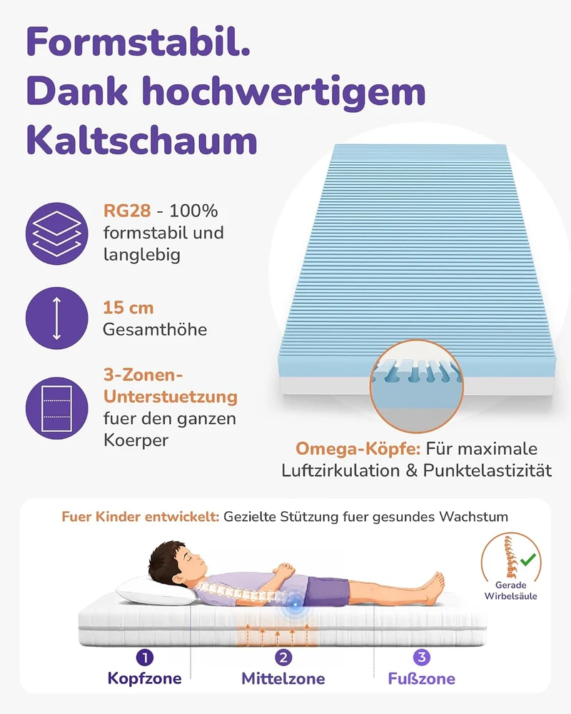 Sun Garden Kindermatratze 90x200 cm, 3-12 Jahre, 15 cm Komfortschaum RG28