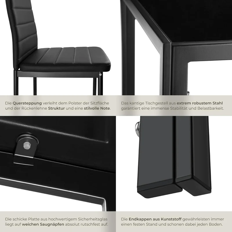 tectake Essgruppe Set Tisch und Stühle, Esstisch und 4X Stuhl, strapazierfähiges Kunstleder, Tischplatte aus Sicherheitsglas, Küchenstühle modern, Küche - schwarz