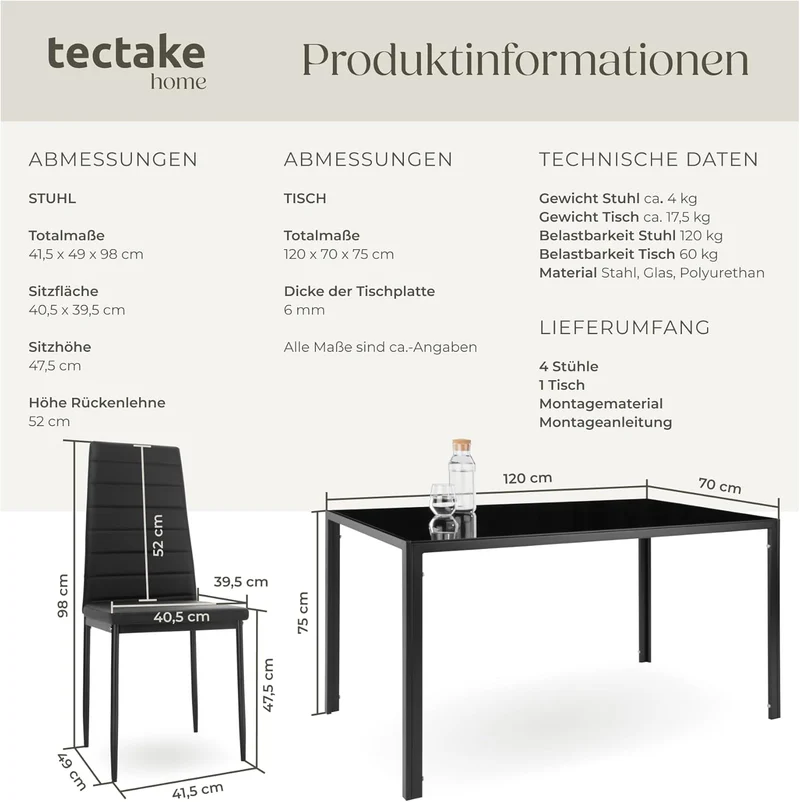 tectake Essgruppe Set Tisch und Stühle, Esstisch und 4X Stuhl, strapazierfähiges Kunstleder, Tischplatte aus Sicherheitsglas, Küchenstühle modern, Küche - schwarz