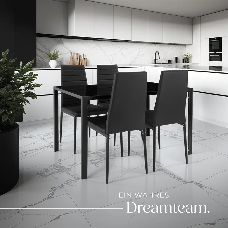 tectake Essgruppe Set Tisch und Stühle, Esstisch und 4X Stuhl, strapazierfähiges Kunstleder, Tischplatte aus Sicherheitsglas, Küchenstühle modern, Küche - schwarz