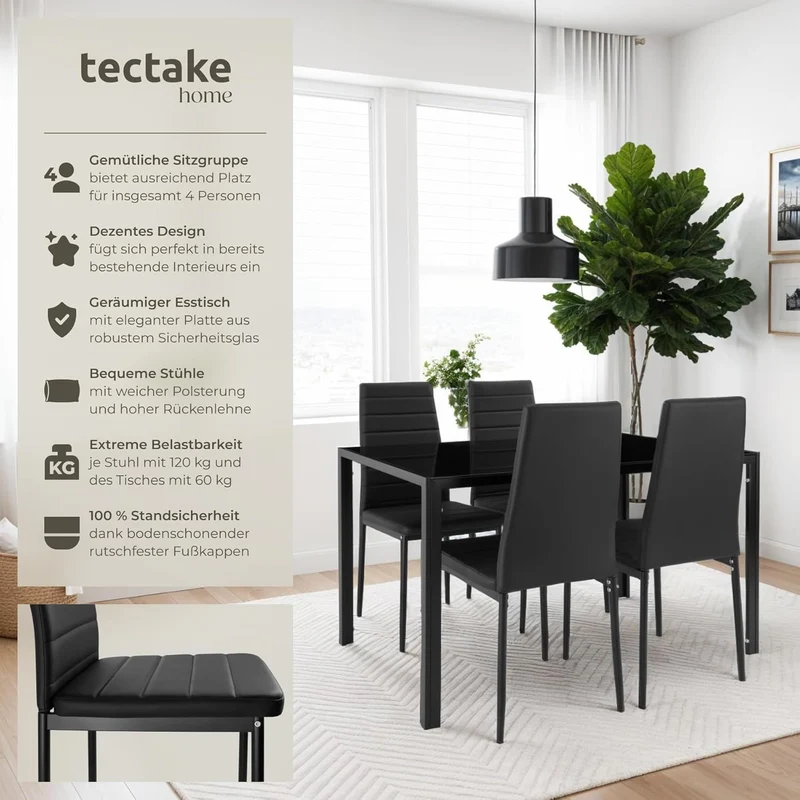 tectake Essgruppe Set Tisch und Stühle, Esstisch und 4X Stuhl, strapazierfähiges Kunstleder, Tischplatte aus Sicherheitsglas, Küchenstühle modern, Küche - schwarz