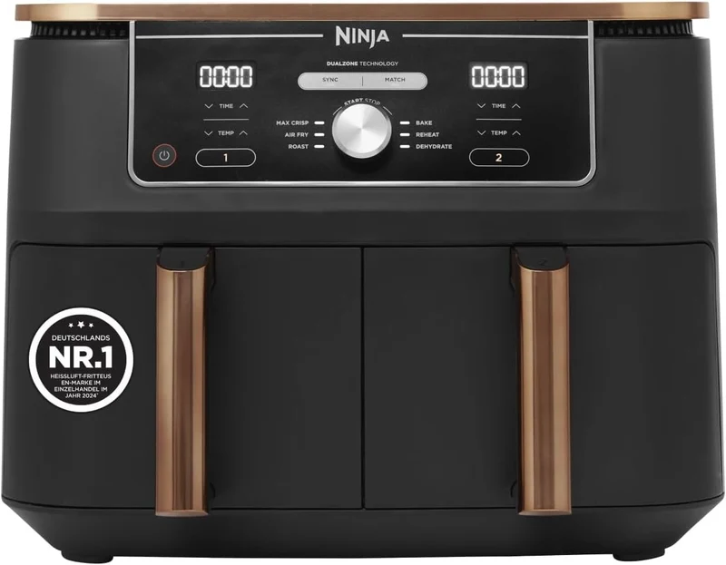 Ninja Foodi MAX Dual Zone Heißluftfritteuse, 9,5L Airfryer, 2 Fächer, mit Zange, Antihaftbeschichtung, spülmaschinenfeste Körbe, 6-in-1, Amazon Exklusiv, Kupfer/Schwarz, AF400EUCP