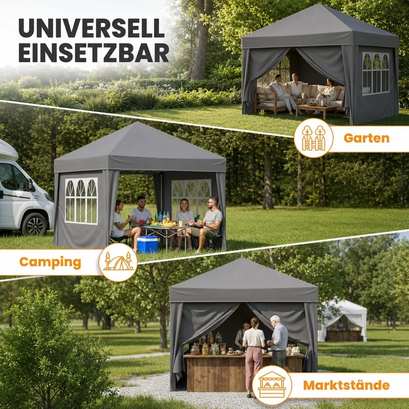 NATURIZ® Pavillon 3x3 Wasserdicht Stabil und UV 50+ Schutz - Faltpavillon mit Seitenwänden - Pop Up Zelt für Garten, Camping, Marktstand & Partyzelt, Gartenpavillon, Gartenzelt, Festzelt (Grau)
