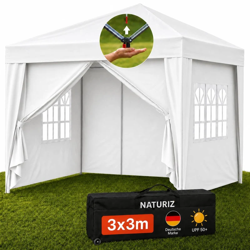 NATURIZ® Pavillon 3x3 Wasserdicht Stabil und UV 50+ Schutz - Faltpavillon mit Seitenwänden - Pop Up Zelt für Garten, Camping, Marktstand & Partyzelt, Gartenpavillon, Gartenzelt, Festzelt (Grau)