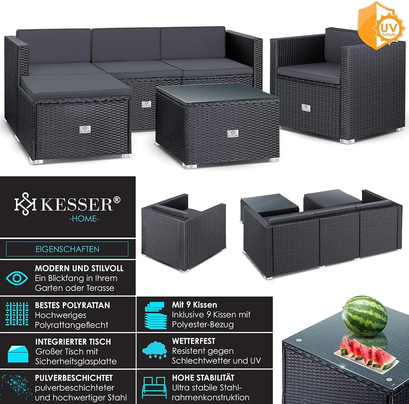 KESSER Polyrattan Lounge Aruba Anthrazit für 4–5 Personen – Gartenmöbel Set mit Sofa, Sessel, Hocker & Tisch